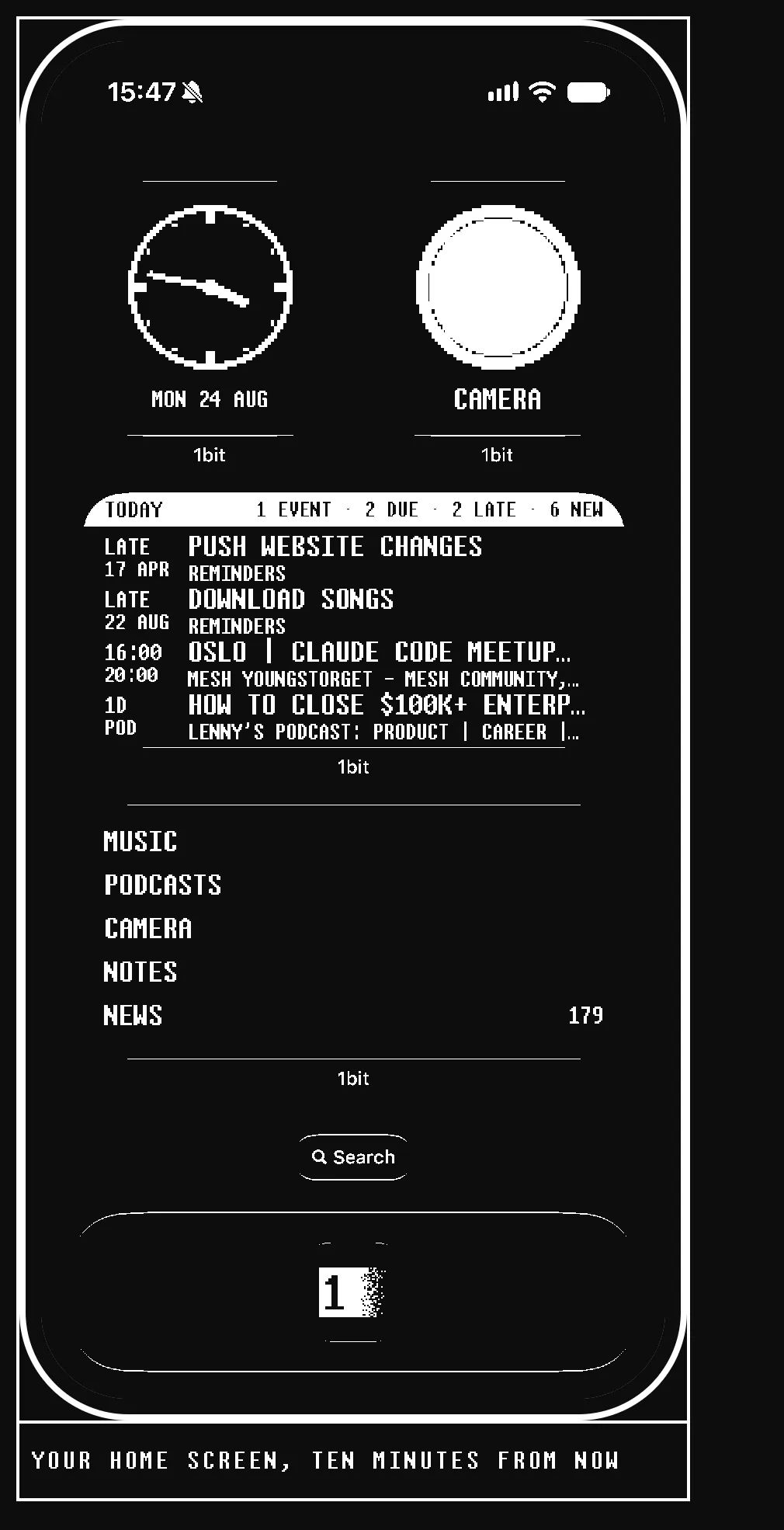 The 1bit launcher on an iPhone home screen, black and white