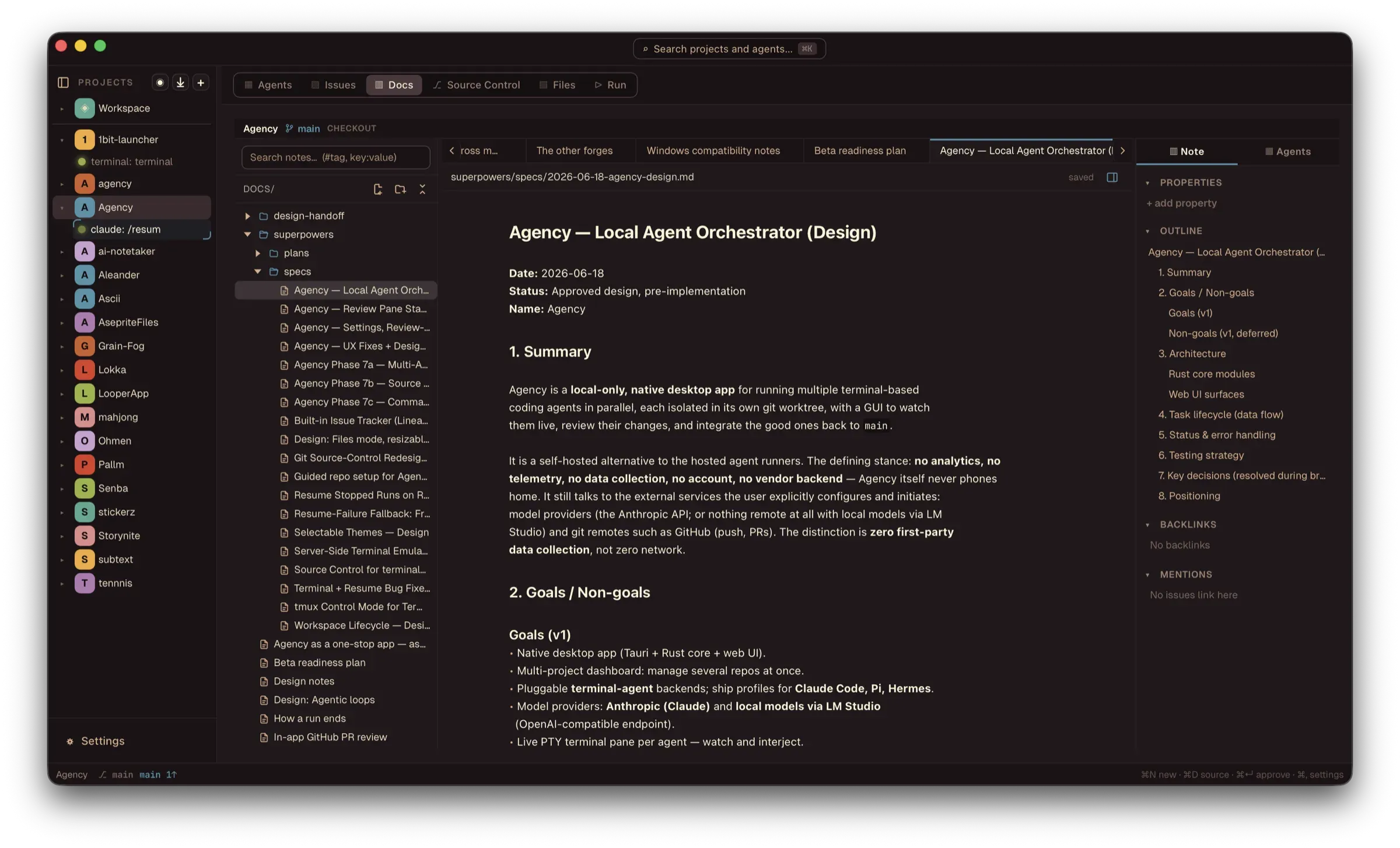 The Docs tab, reading the Agency design note with an outline and an agent on the project