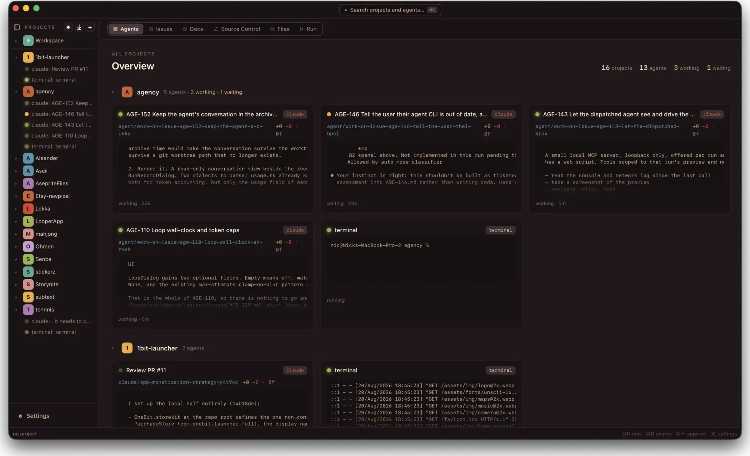 The Agency overview, thirteen agents across sixteen projects in one window