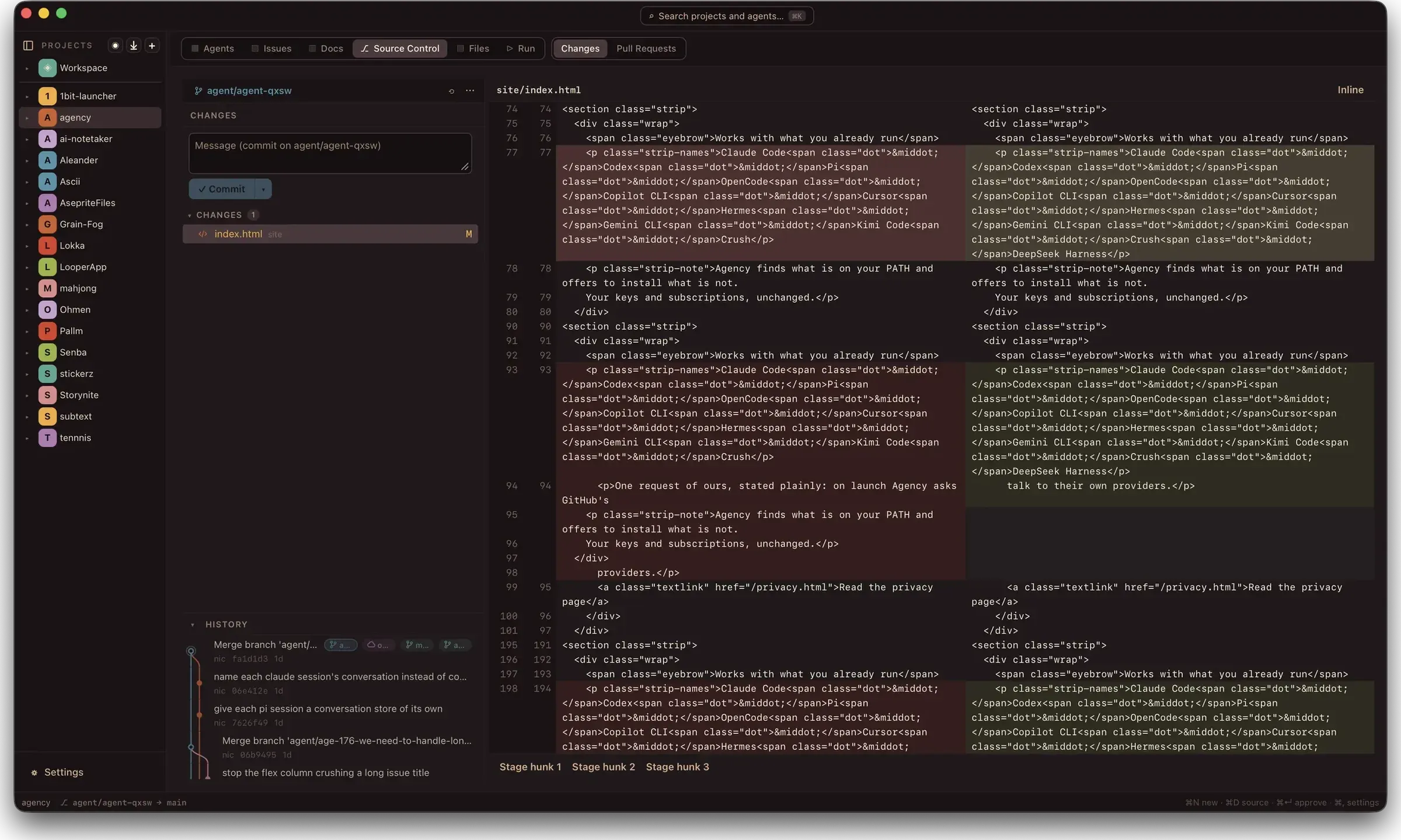 Source control in Agency, a side-by-side diff open for review before merge