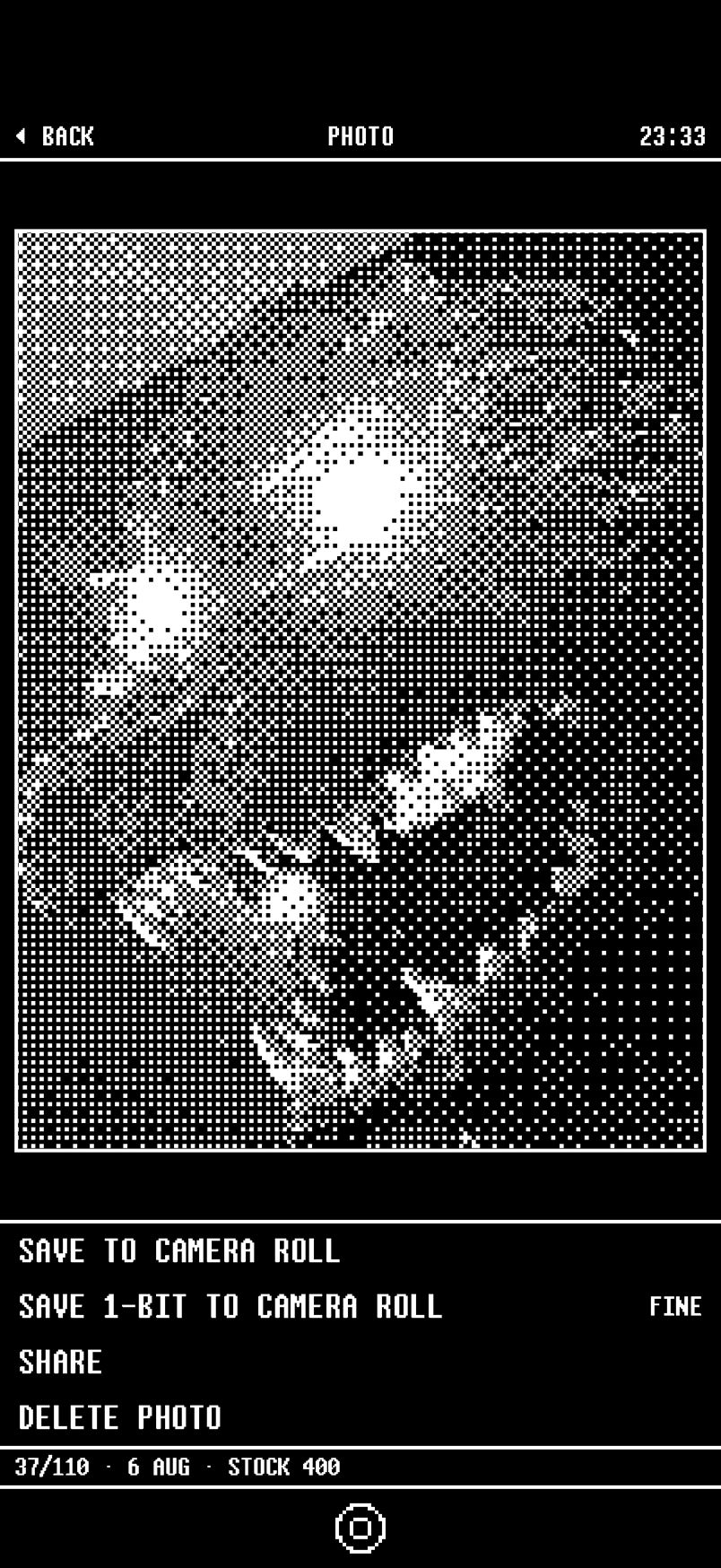 A dithered photo open in 1bit with Save to Camera Roll and Save 1-bit to Camera Roll actions