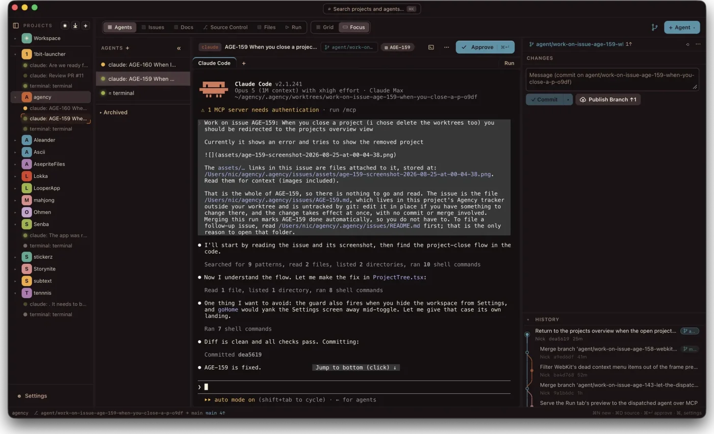 An agent in focus view in Agency: a coding agent working an issue in its own worktree, other runs listed on the left, and the diff and commit history on the right