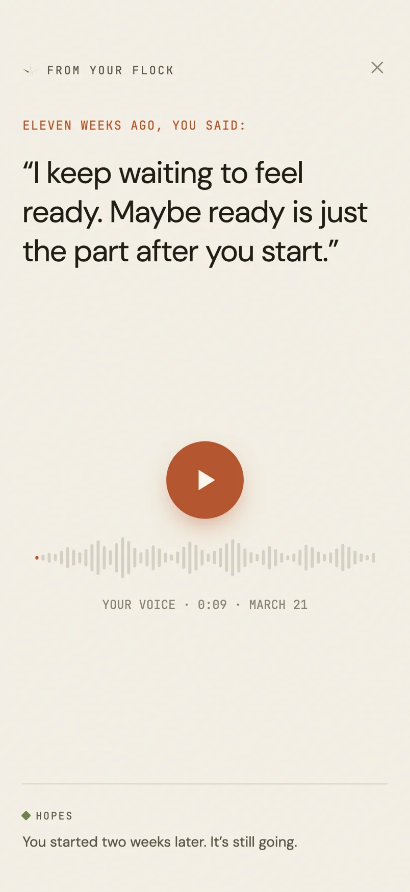 A Senba voice callback: eleven weeks ago you said, with a play button and the original recording